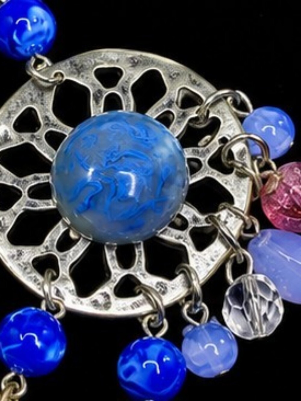 Artisan Boho Statement Necklace Blue Marbled Glass Cabochons Silver Tone Festiva - Picture 4 of 7